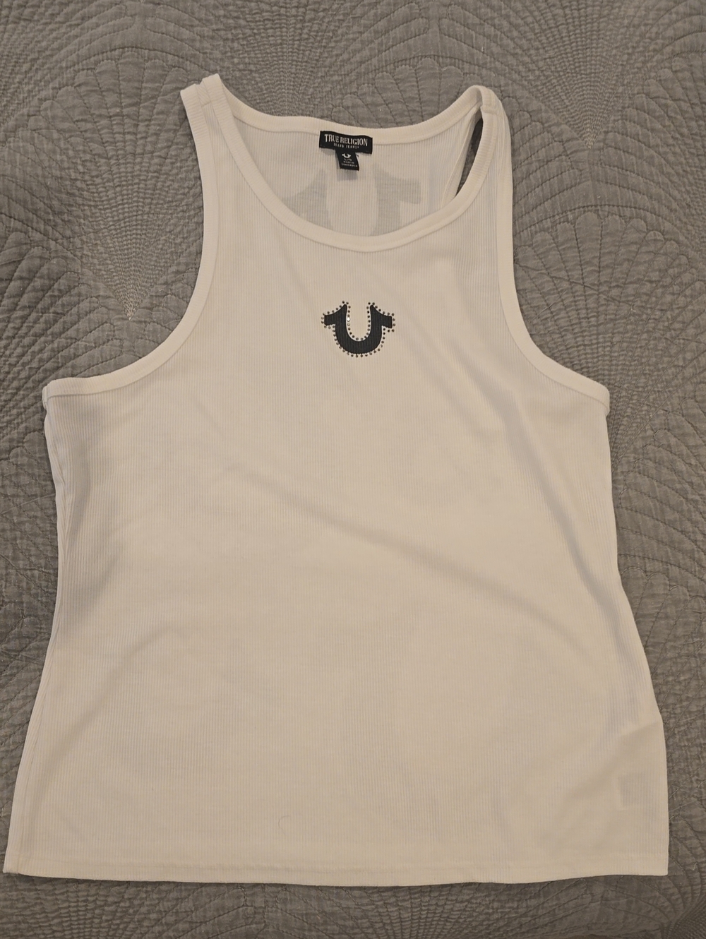 True Religion White Ribbed Tank Top with Logo